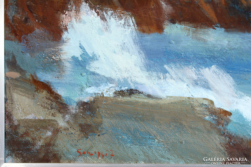 János Somogyi (1928-2010) coastal rocks 68x90cm beach rippling sea picture gallery