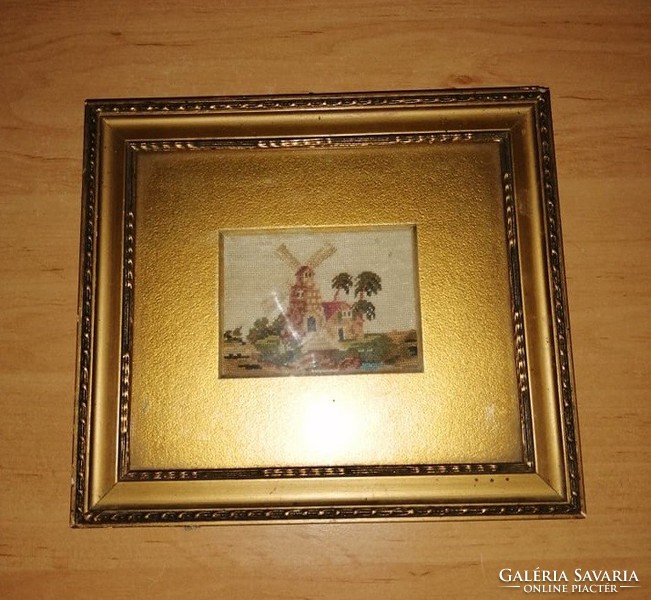 Antik goblein gobelin kép "Szélmalom " üvegezett képkeret 18*20 cm