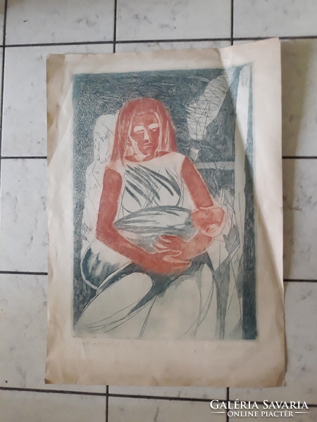 Paul Barczi: mother with child, original marked, colored etching 19612