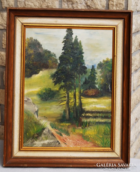 B. Haslbach: pine trees along the forest path - original oil painting, framed