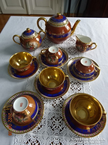 Zsolnay porcelán hatszemélyes, antik teáskészlet, jelenetes, belseje arany. Vanneki!