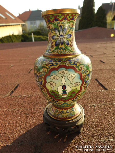 Compartment enamel vase with wooden base - cloissoné fire enamel vase