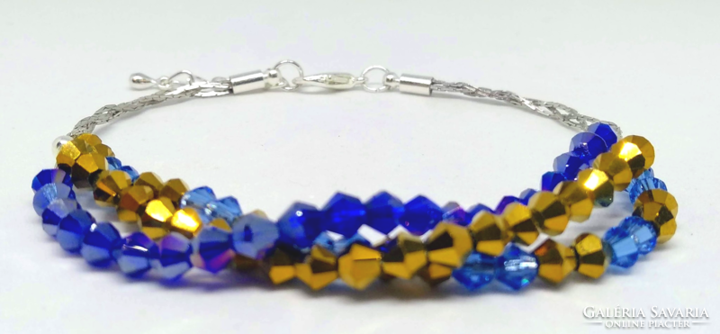 Austrian bicone crystal, 3 rows blue-gold bracelet