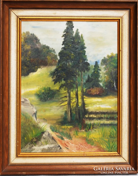 B. Haslbach: pine trees along the forest path - original oil painting, framed