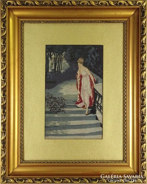 1I546 antique needle tapestry: night walk in the castle courtyard