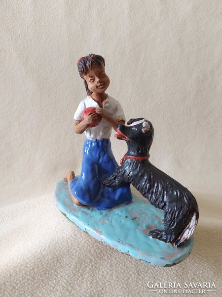 Art deco ceramic girl with dog marked, 20 cm
