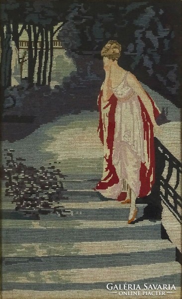 1I546 antique needle tapestry: night walk in the castle courtyard