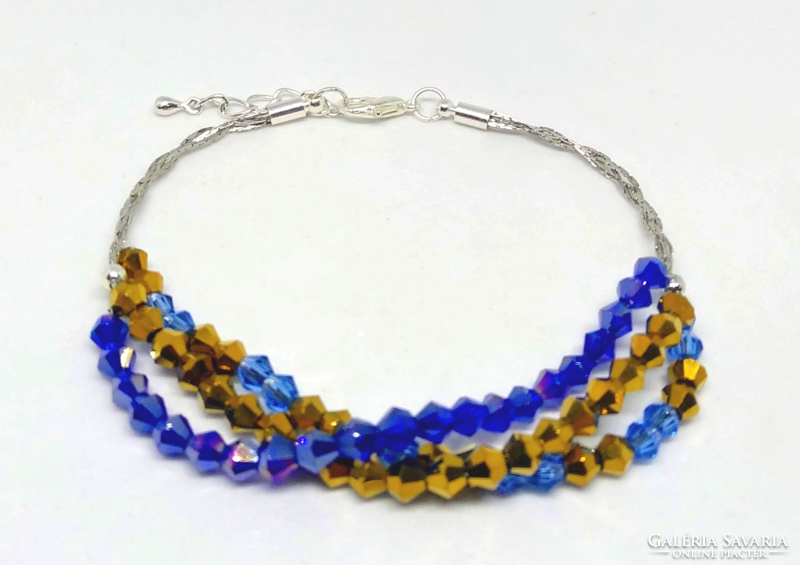 Austrian bicone crystal, 3 rows blue-gold bracelet