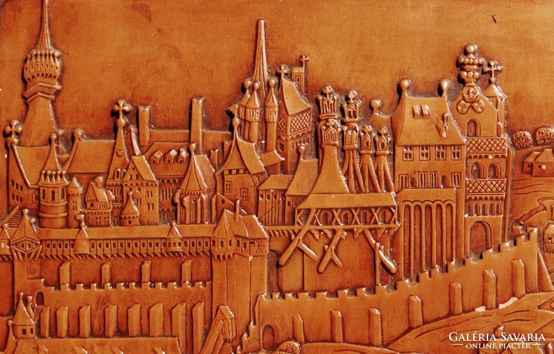 The first known view of Buda (Renaissance, 1493) - terracotta wall decoration, based on contemporary woodcut