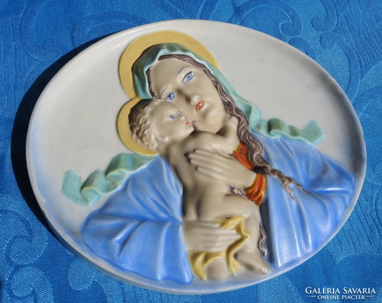 Antique ceramic porcelain mural: holy family - virgin mary with her baby
