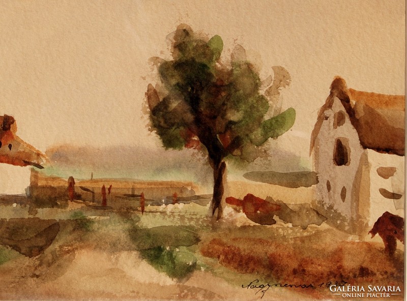 Regdon (after 1910-1990): farmyard with boom well, 1937, large charcoal - watercolor, framed