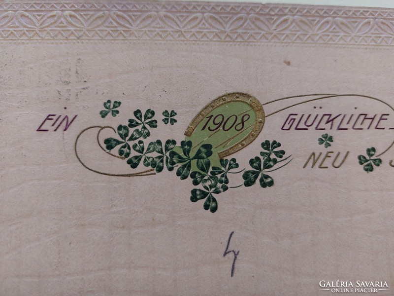 Régi újévi képeslap 1908 dombornyomott levelezőlap lóhere szerencsepatkó