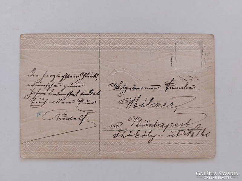 Régi újévi képeslap 1908 dombornyomott levelezőlap lóhere szerencsepatkó