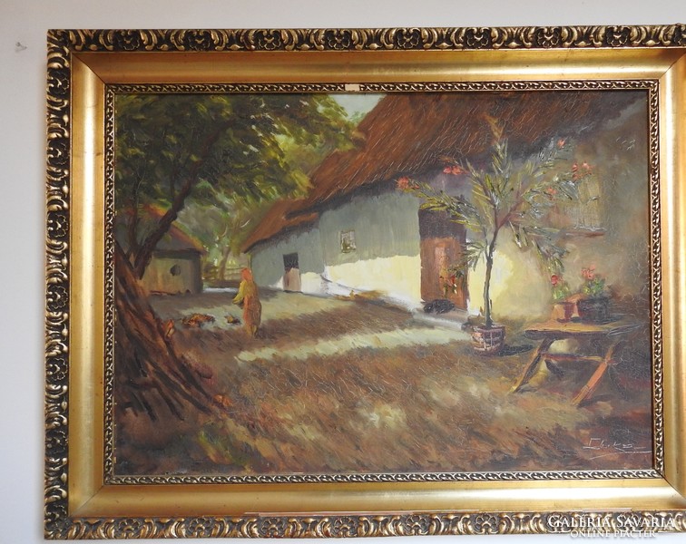 Village courtyard - marked large oil / canvas painting