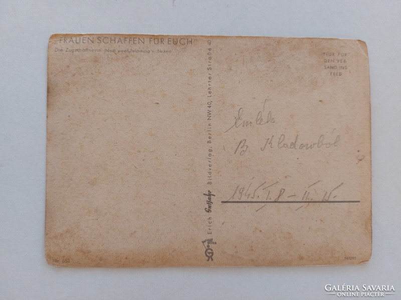 Régi képeslap 1945 művészrajz levelezőlap katona kalauz vonat