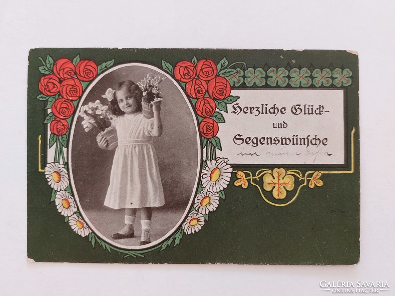 Régi képeslap 1916 fotó levelezőlap kislány lóhere rózsa