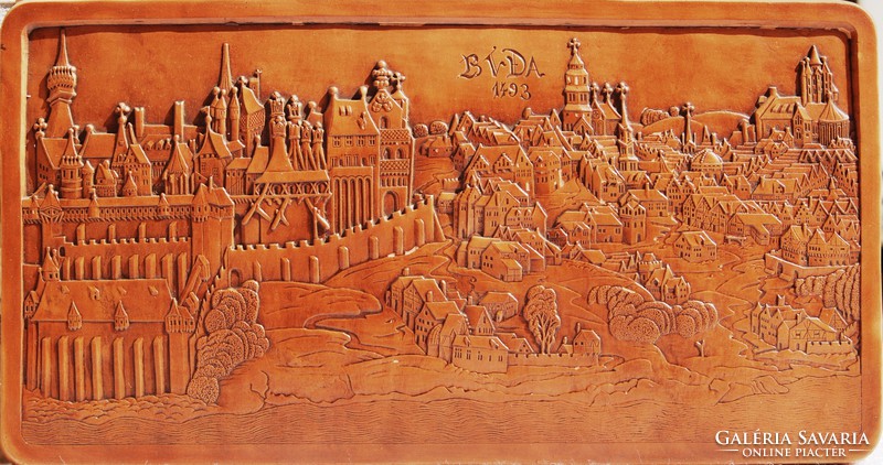 Buda első ismert látképe (reneszánsz kor, 1493) - terrakotta falidísz, korabeli fametszet alapján