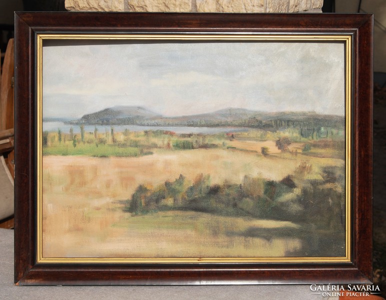 Hungarian painter: view of the bay of Füred, in the distance with the Tihany peninsula - oil painting, framed