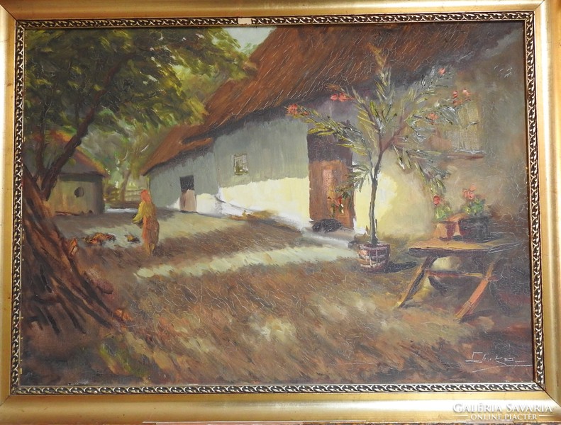 Village courtyard - marked large oil / canvas painting