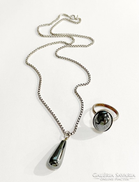 Silver jewelry with hematite stones-ring and necklace