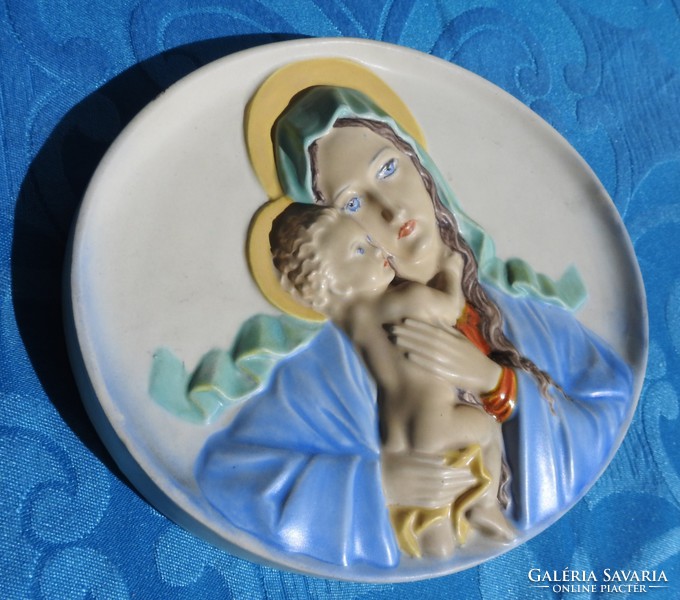 Antik Keramos porcelán falikép: Szent Család - Szűz Mária a Kisdeddel