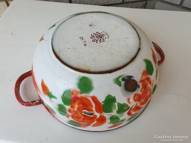 Old vintage decoration rose enameled bowl with large handles Budafok enameled legs crowned coat of arms