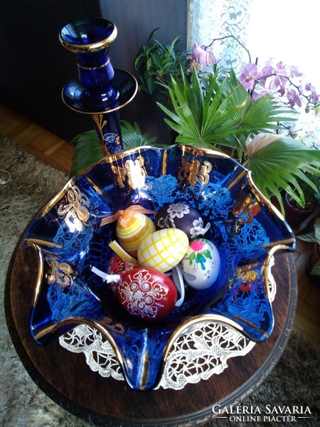 Blue serving tray with candlestick and candle holder - vase with thick gilded pattern, together!