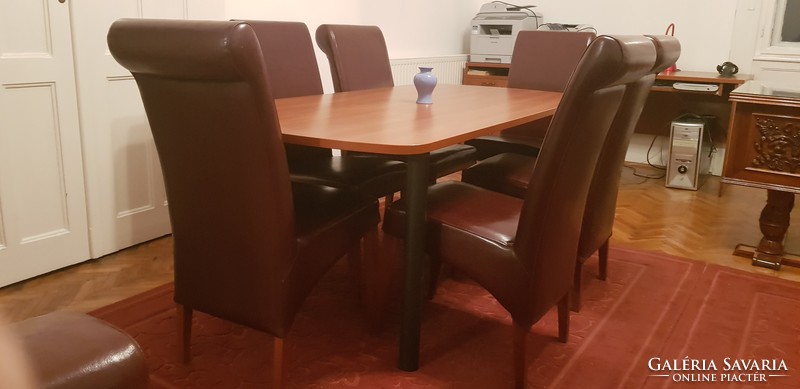 Side table with 6 burgundy leather chairs