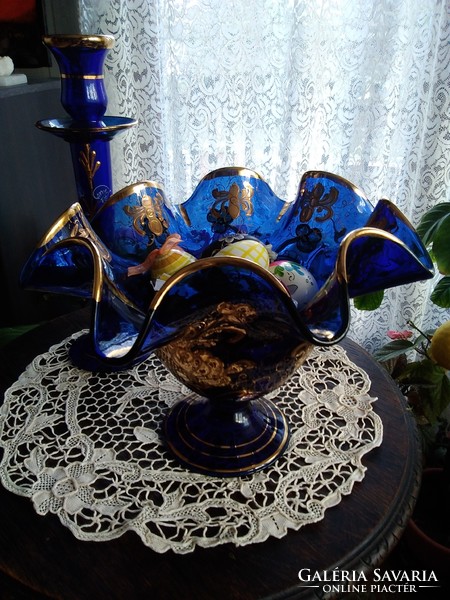 Blue serving tray with candlestick and candle holder - vase with thick gilded pattern, together!