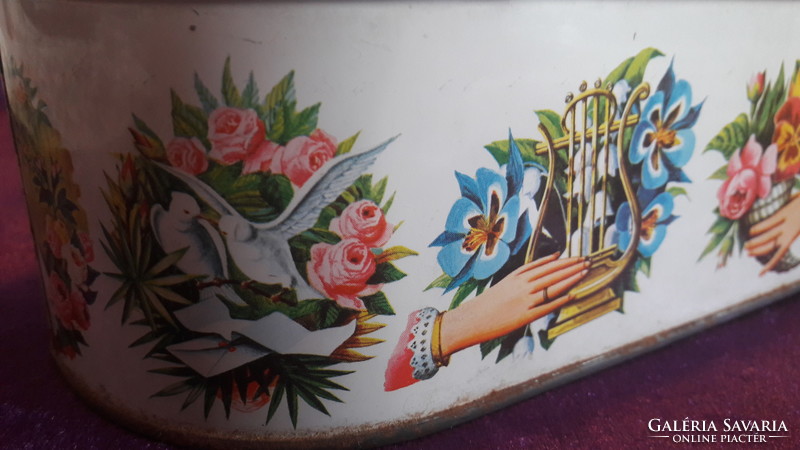 Old bird, flower and viable metal box, tin box (l2414)