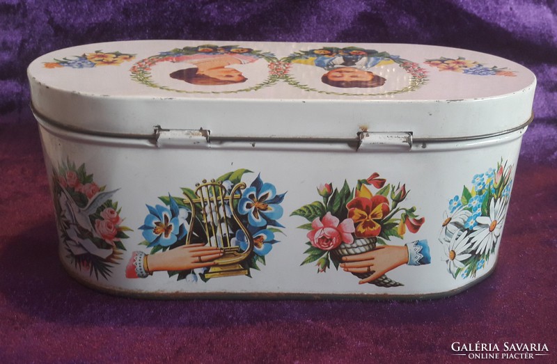 Old bird, flower and viable metal box, tin box (l2414)