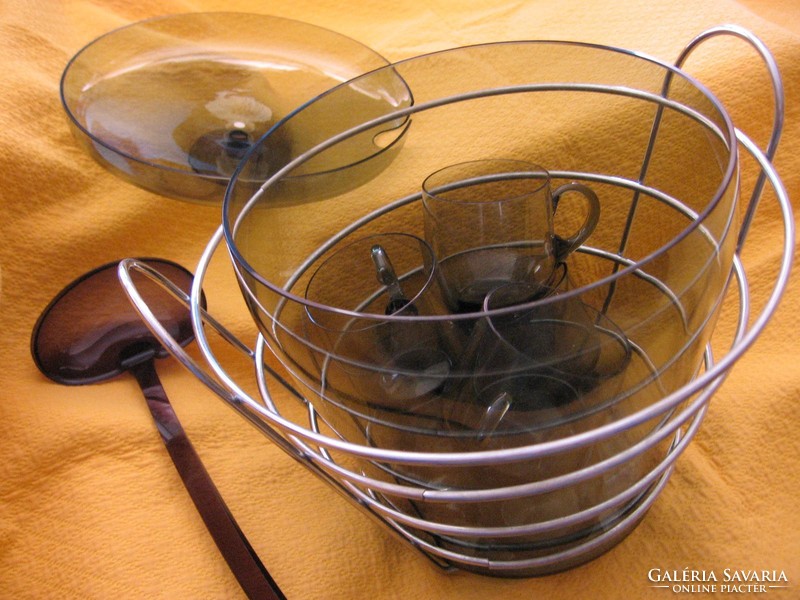 Wmf wagenfeld smoke color bottle nodule set in metal basket with ladle