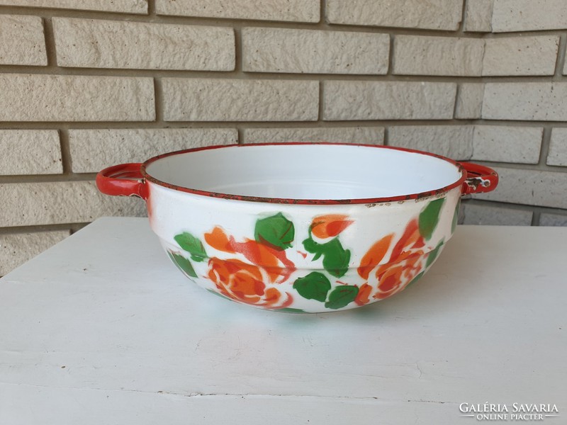 Old vintage decoration rose enameled bowl with large handles Budafok enameled legs crowned coat of arms