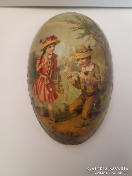 HÚSVÉTRA! Antik papírmasé színes, figurális jelenetes húsvéti tojás gyerekekkel 1800-as évek 13 cm