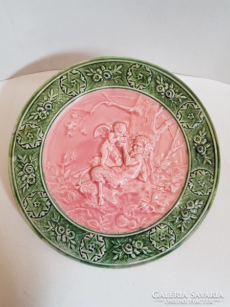 Marked schütz cilli wall plate wall decorative bowl with puto and hooved satyr decor 34.5 cm