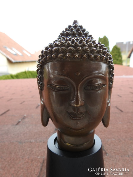 Antique marked - solid bronze buddha head on wooden base