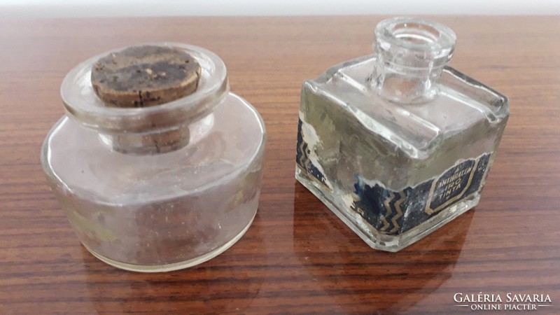 Old glass inkwell with vintage labeled ink bottle 2 pcs