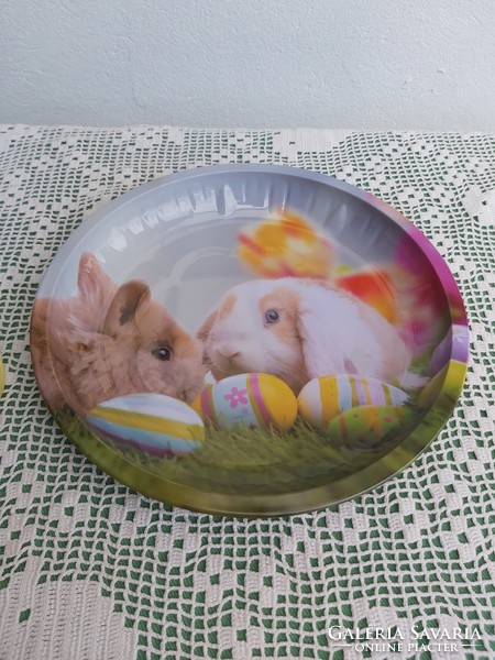 Gyönyörű színes pléh tányér tál  húsvéti nyuszis nyúl dekoráció Gyűjtői szépség
