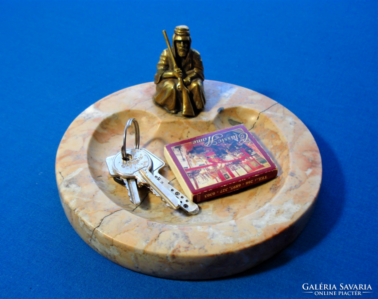 Antique Bedouin statue with pink marble business card or keychain bowl