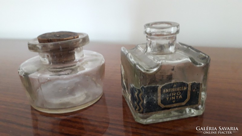 Old glass inkwell with vintage labeled ink bottle 2 pcs