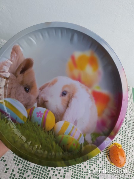Gyönyörű színes pléh tányér tál  húsvéti nyuszis nyúl dekoráció Gyűjtői szépség