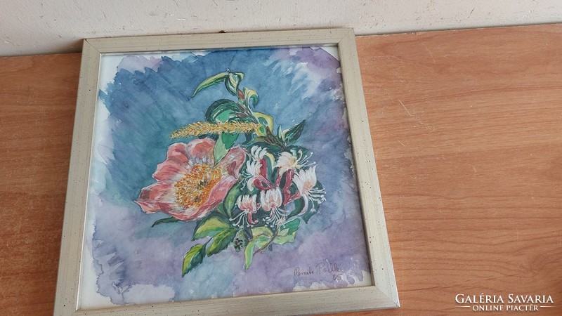 (K) lovely small floral still life watercolor 22x22 cm with frame