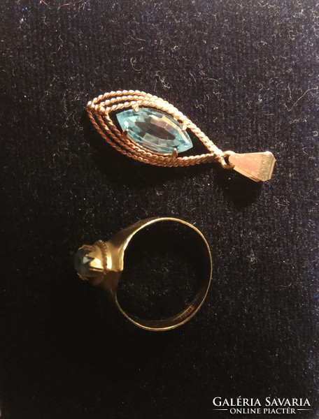 14K 585 gold unique art nouveau pattern engraved ring pendant with aquamarine gem wonderful gift