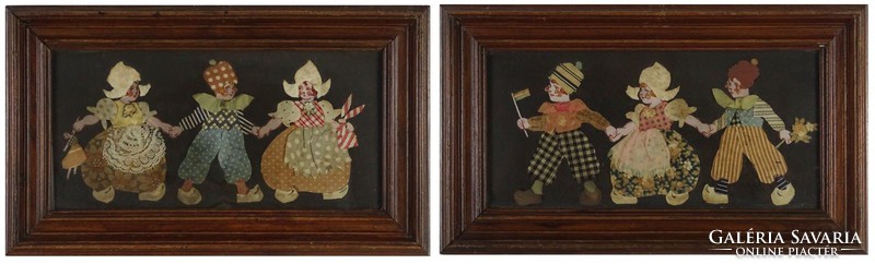 1I078 old framed canvas applique kid picture couple