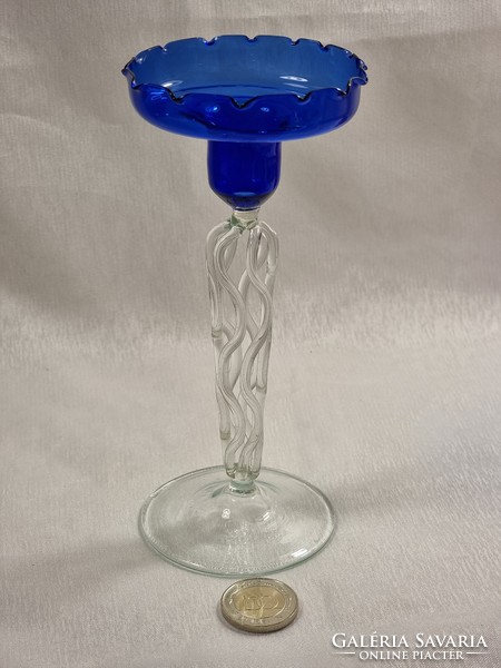 Graceful blue candlestick, presumably from the Czech glass manufactory xx.Szd second half.