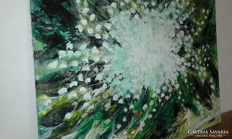 "Üdezöld tavasz-májusi gyöngyvirág" "festmény farostlemezen 54 xcm 40-es