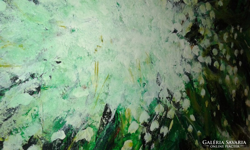 "Üdezöld tavasz-májusi gyöngyvirág" "festmény farostlemezen 54 xcm 40-es