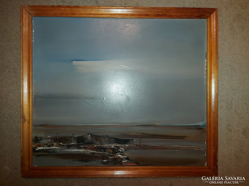 Morvay László festmény, 1984,  " Komcsija folyó", olaj, vászon, 60x70 cm + keret