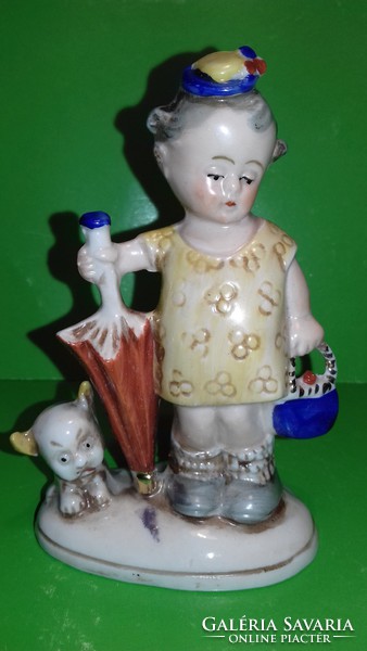Antique porcelain little girl with dog umbrella