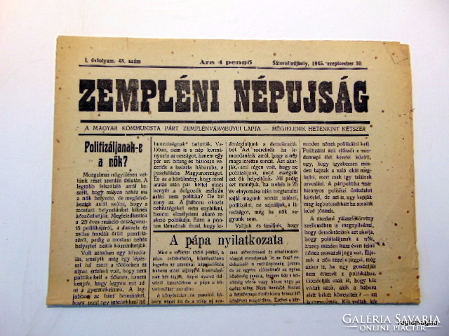 September 30, 1945 / for the people's newspaper / birthday in Zemplén !? Origin newspaper! No. 22201